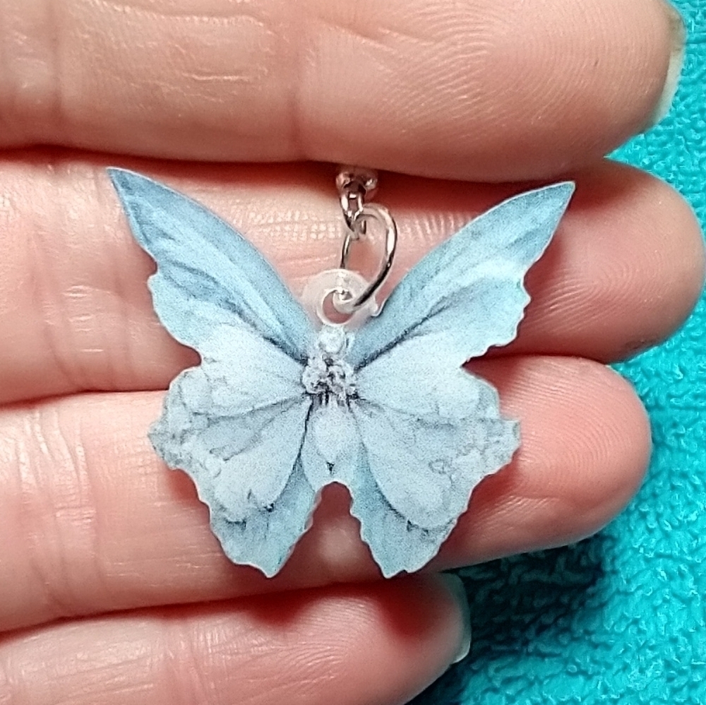 Blue white butterfly wire dangle earrings